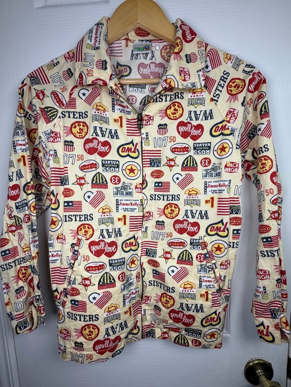 Croco Kids Pale Yellow Graphic Utility Jacket Kids 14 Unisex Y2K Streetwear